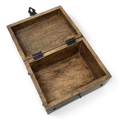 Treasure Chest Wooden Box with Antique Iron Lock and Skeleton Key (Small 8x6x4.5) - Storage and Decor – Pirate Keepsake Chest, Decorative Storage Box with Hinged Lid - size: Small 8 x 6 x 4.5"
