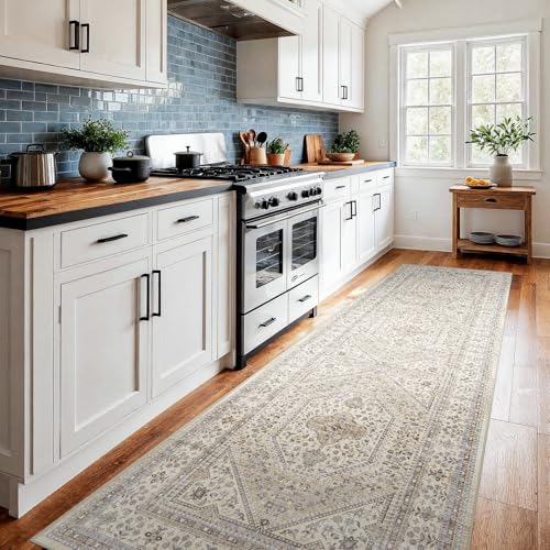 2x8 Washable Hallway Runner Rug - Non-Slip Vintage Entryway Rugs Beige Gray | Low Pile Thin Long Carpet for Kitchen Soft Pet-Friendly Indoor Floor Mat for Bedroom Bathroom Laundry Home Decor - color: Beige/Gray, size: 2' x 8' (Rectangular)