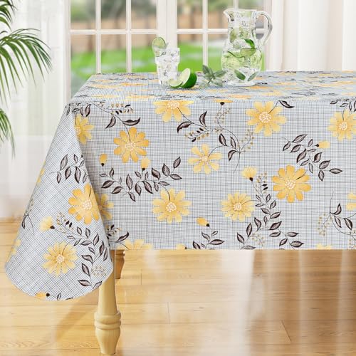 Rectangle Waterproof Vinyl Table Cloth, Wipeable Tablecloth with Flannel Backing, Plastic Table Cover for Dinner, Picnic, Indoor and Outdoor (Yellow Flowers, 52" x 70") - color: Yellow and Brown, size: 70" x 52" (Rectangular)
