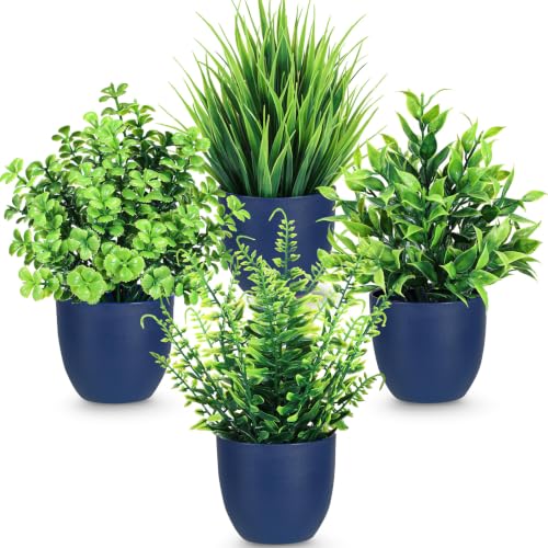 Der Rose 4 Pack Fake Plants Small Artificial Plants for Blue Bathroom Decor | Mini fake plants in blue pots for shelf, desk and bedroom decor; no watering, easy care, and a thoughtful gift - color: Blue