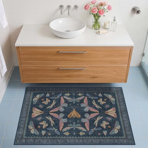 Dark Blue 2x4 Non Slip Bathroom Rug, Washable Vintage Boho Insect Carpet for Kitchen Floor, Entryway & Powder Room, Low Pile Indoor Aesthetic Rug - color: Midnight Blue, size: 2' x 4' (Rectangular)