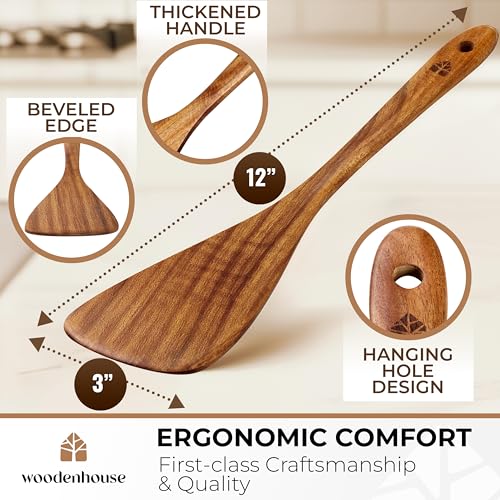 Wooden Spatula for Cooking, 12" Flat Wooden Spoon & Scraper for Frying | Natural acacia hardwood turner, nonstick & cast iron safe, non toxic, long comfort grip handle, easy to clean