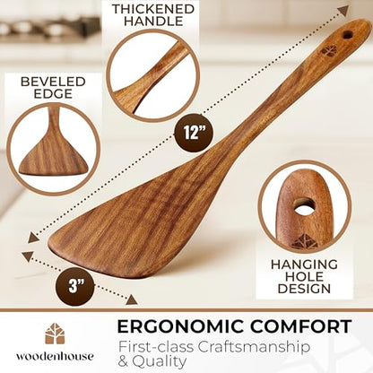 Wooden Spatula for Cooking, 12" Flat Wooden Spoon & Scraper for Frying | Natural acacia hardwood turner, nonstick & cast iron safe, non toxic, long comfort grip handle, easy to clean