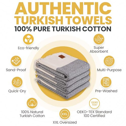 Gold CASE Turkish Beach Towel Set of 4 – 100% Cotton Large Turkish Bath Towels 67 x 38'' – Aphrodite Extra Large, Quick Dry & Sand Free Towels – Peshtemal for Pool – Grey - color: Grey, size: Aphrodite Beach Bath Towel