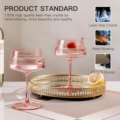 JOVGANK Pink Martini Glasses Set of 6 – 13oz Lead-Free Crystal Glass, Hand-Blown Classic Champagne & Cocktail Luxury Cups, Elegant Glassware for Party Home Bar Wedding Gift for Ice Cream Dessert - color: Classic-Pink