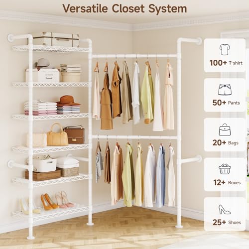 L2 Wall Mounted Closet System, Industrial Pipe Clothing Rack, White | Metal Clothes Rack with 2 Telescopic Rods & 6 Shelves, Heavy Duty Closet Organizers for Wardrobe, Reach-in & Walk-in Closets - color: White