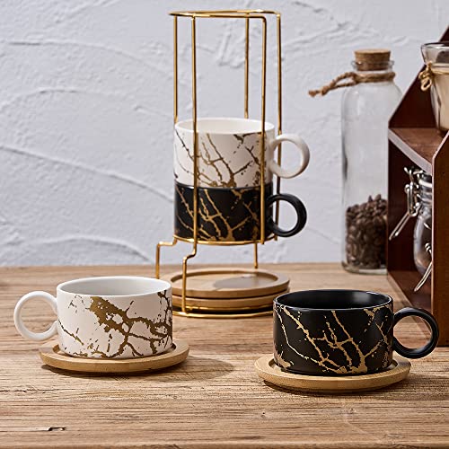 LUKA Porcelain Espresso Cup with Metal Stand, 6 Ounce Stackable Ceramic Demitasse Espresso Mugs Cappuccino Cups Set for Latte,Coffee,Cafe Mocha,Tea(Set of 4) - color: Black & White Marbling