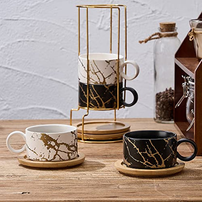 LUKA Porcelain Espresso Cup with Metal Stand, 6 Ounce Stackable Ceramic Demitasse Espresso Mugs Cappuccino Cups Set for Latte,Coffee,Cafe Mocha,Tea(Set of 4) - color: Black & White Marbling