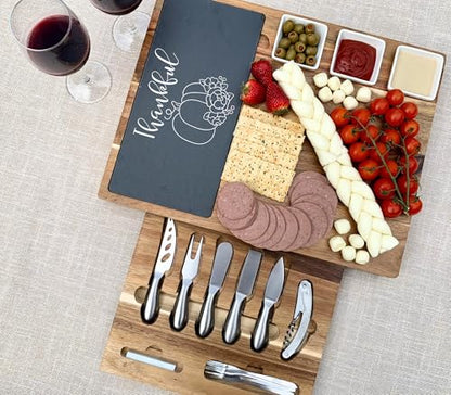 Engraved Acacia Charcuterie Board Gift Set – Large Slate Cheese Tray with Knife Drawer – Custom Wedding, Bridal Shower, Thanksgiving & Christmas Gift - color: Design #41