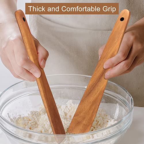 Non Toxic Wood Spatula for Cooking Spoon Teak Wooden Utensil Set Spurtle | Bamboo Kitchen Utensils Flat Turner Spatula Set for Kitchen Use Camping Egg Spatulas Sourdough Food Scraper Stirrer Spoon - size: 2 Pieces 12 Inches