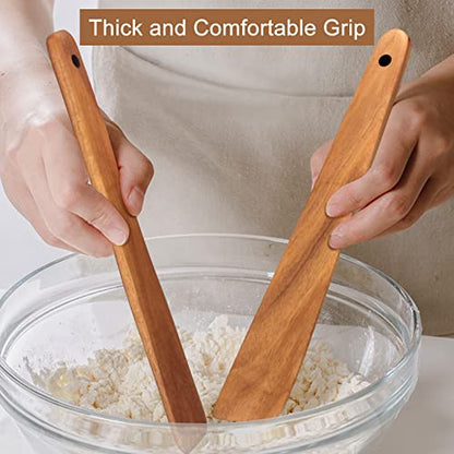 Non Toxic Wood Spatula for Cooking Spoon Teak Wooden Utensil Set Spurtle | Bamboo Kitchen Utensils Flat Turner Spatula Set for Kitchen Use Camping Egg Spatulas Sourdough Food Scraper Stirrer Spoon - size: 2 Pieces 12 Inches