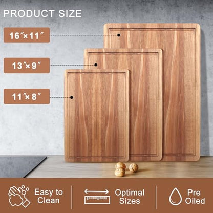 Solid Acacia Wood Cutting Board Set of 3 Wooden Charcuterie Boards Set | Hardwood Meat Chopping Board Butcher Blocks Safe Non Toxic Large Cutting Boards for Kitchen Decor Bread Serving Cheese Board - size: 3 Pcs (16"&13"&11")