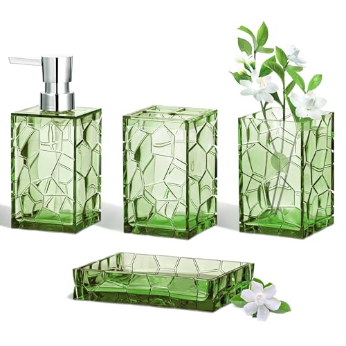 HBlife Bathroom Accessories Set, Acrylic Bathroom Counter Set of 4 | Boho acrylic bathroom decor, 4-pc: holder, soap, tumbler, dish, Easy-clean & rustproofd, Ideal housewarming gift - style: Green