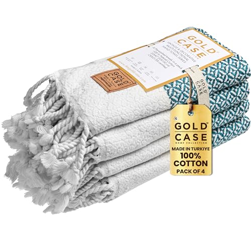 Gold CASE Turkish Hand Towels for Bathroom Set of 4 – 20 x 40'' – 100% Cotton Bathroom Towels – Aphrodite Kitchen Small Towel for Spa, Face, Tea & Dishcloth – Decorative Patterned Weave – Teal - color: Teal, size: Aphrodite Hand Towel