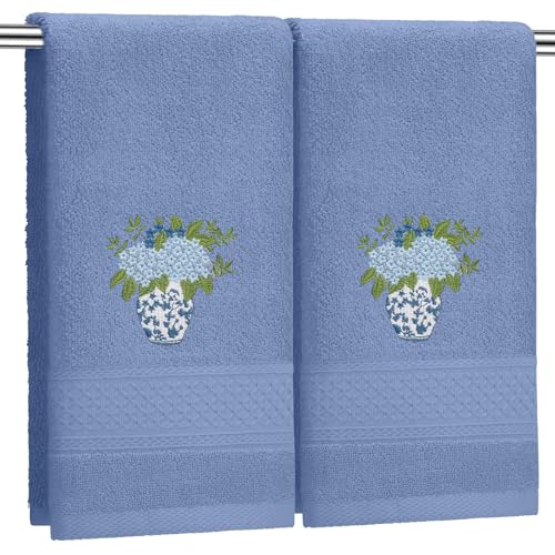 Frienda 2 Pcs Chinoiserie Vase Hydrangea Hand Towels Slate Blue Bathroom Decor 29.5x13.8 Inches Embroidered 100% Cotton Soft Absorbent Spring Summer Decorative Hand Towels for Bathroom Kitchen - color: Slate Blue, style: Hydrangea