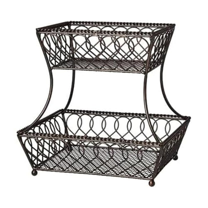 Gourmet Basics by Mikasa Loop and Lattice 2-Tier Rectangular Metal Countertop Basket, 14.25 x 12 Inches, Antique Black Finish, Kitchen Fruit and Bread Storage Organizer - style: Basket