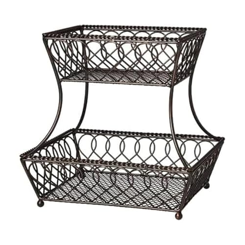 Gourmet Basics by Mikasa Loop and Lattice 2-Tier Rectangular Metal Countertop Basket, 14.25 x 12 Inches, Antique Black Finish, Kitchen Fruit and Bread Storage Organizer - style: Basket