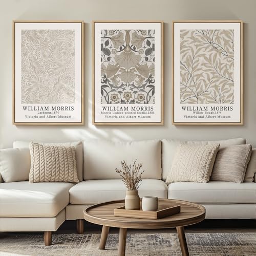 Framed Vintage William Morris Canvas Wall Art Set of 3, Large Neutral Floral Artwork Prints, Botanical Nature Aesthetic Wall Decor for Living Room, Bedroom, Hallway and Office, Total Size 30x60 - color: Vintage, size: 20"W x 30" H x 3Pcs