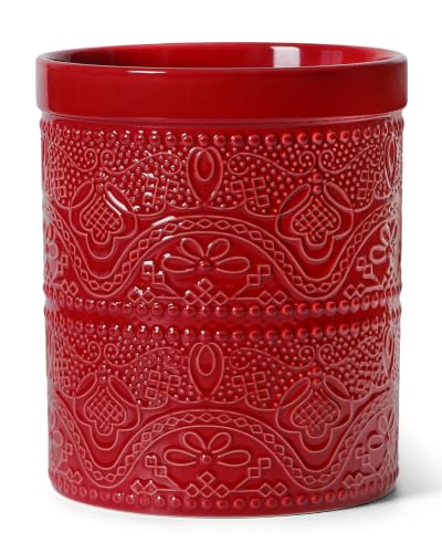Kitchen Utensil Holder, 7.2" Super Large Utensil Crock Heavy and Stable Lace Emboss Ceramic Utensil Holder for Kitchen Counter (Christmas Red) - color: Christmas Red