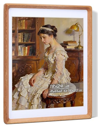 18x24 Picture Frame with Mat for 16x20, USA-Sourced Natural Teak Wood Handcrafted Rounded Corner with Plexiglass, Vertical or Horizontal Display Photo Gallery Poster Wall Mounting Frame - color: Teak, size: 18x24 Matted to 16x20