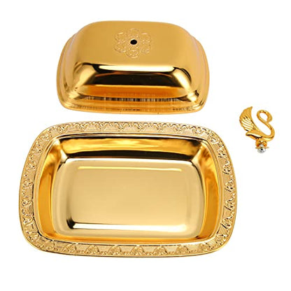 Stainless Steel Serving Tray with Lid for Fruit Desserts Snacks Candies | Serving Platte with Swan Handle Lid for Home Wedding Party Gatherings Dinners, Small Fruit Tray, Gold, 7.5"x 5.5" - color: Gold