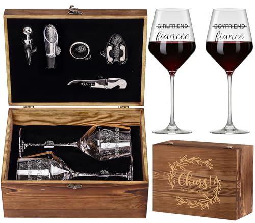 Engagement & Bridal Shower Gifts for Fiancé and Fiancée, Engraved Fiancé Fiancée Wine Glasses with 5-Piece Wine Accessory Kit (Fiance/Fiancee) - style: Fiance/Fiancee
