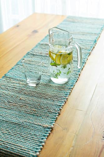 Natural Jute Table Runner 13x108 Inch – Vintage Boho Rustic Table Decor – Handwoven Long Table Runner in Natural Jute and Aqua Turquoise – Farmhouse Dining or Console Table Accent - color: Natural Jute-aqua Turquoise, size: 13x108 Inch.