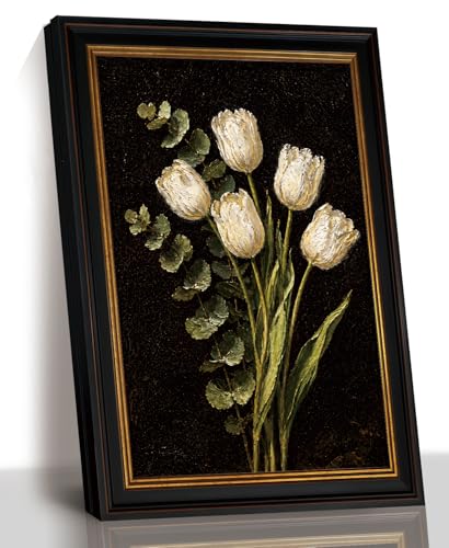 Vintage White Tulip Wall Art, Black Gold Trim Framed Canvas, 12 x 16 In | Black frame with gold-tone trim showcases white tulips on a dark background in bedrooms, bathrooms, or entryways. - color: White Tulip Flower, size: 16"L x 12"W