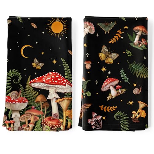 Mushroom Tea Towels, 100% Cotton Kitchen Towels, Black, Set of 2 | 18.9 x 27.5 in / 48 x 70 cm, Lightweight Woven Dish Cloth with Mushroom Print for Kitchen Decor, Housewarming Gift - color: Mushroom