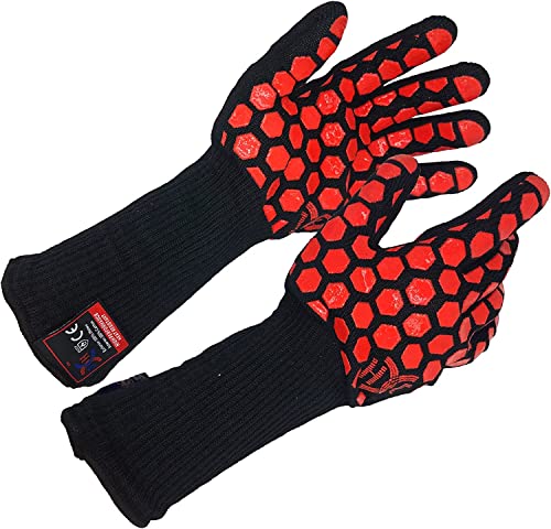 J H Heat Resistant Oven Glove:EN407 Certified 932 °F, 2 Layers Silicone Coating, Oven Mitts for Cooking, Kitchen, Fireplace,Camping, Grilling (Black/Red, Extra Long Cuff) - color: Black/Red, size: Extra Long Cuff