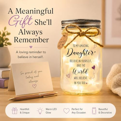 Solmay Daughter Gifts from Mom or Dad, Mason Jar Light | Inspirational keepsake for adult daughters, birthdays & college graduation; a sentimental encouragement present for women - color: Daughter