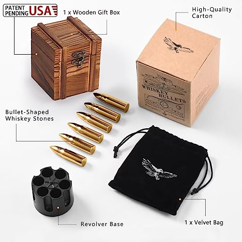 Gifts for Men Dad Father's Day, Birthday Gift from Daughter Son Wife Kids, Whiskey Stones with Wooden Box, Unique Ideas for Him Husband, Cool Bourbon Gadget - color: Gold - Wooden Box