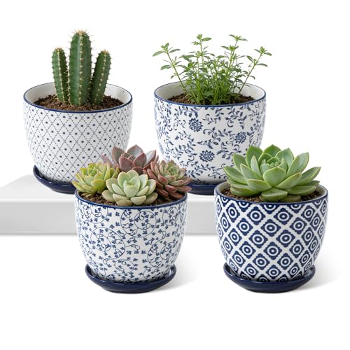 5.6 Inch Ceramic Plant Pots Set of 4 | Flower Planters with Drainage Holes and Saucers for Indoor Plants Herbs, Orchid, Cactus, Outdoor Plants, Vintage Blue - size: 5.6 Inch