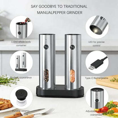 Rechargeable Salt and Pepper Grinder Set,Automatic Rechargeable, LED Light, External Adjustable Coarseness, Upgrade Large Capacity, Rechargeable Base Kitchen, Dining & BBQ, Gifts for Women Mom(Silver)