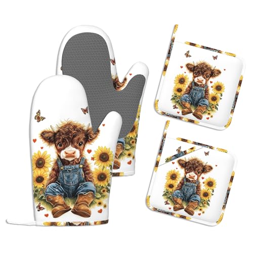 Oven Mitts and Pot Holders Sets,Cute Highland Cow Thick Cotton Kitchen Oven Mitt Set,Rustic Sunflowers Butterfly Waterproof Anti-Slip Silicone Mittens for Baking,Cute Cooking Utensils Set - color: Cute Highland Cow