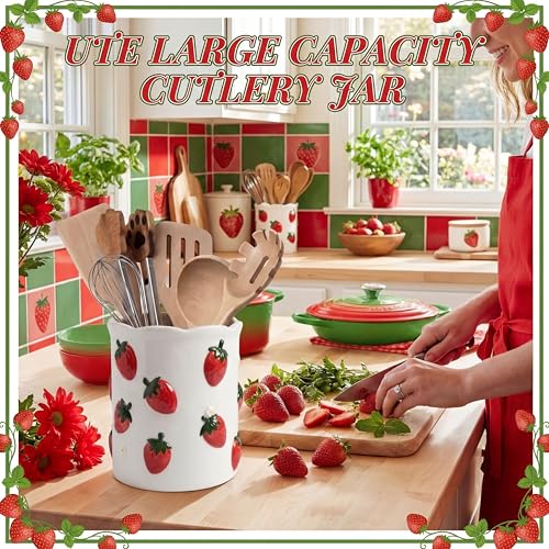 LemonRoad Strawberry Utensil Holder for Kitchen Counter,Ceramic Cooking Utensil Crock Modern Farmhouse Countertop Organizer for Spatula Ladle Kitchen Counter Decor - style: Strawberry