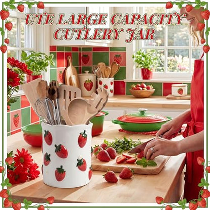 LemonRoad Strawberry Utensil Holder for Kitchen Counter,Ceramic Cooking Utensil Crock Modern Farmhouse Countertop Organizer for Spatula Ladle Kitchen Counter Decor - style: Strawberry