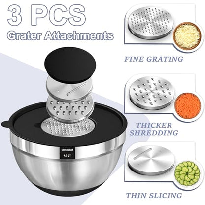 Umite Chef Mixing Bowls with Airtight Lids Set, 8PCS Stainless Steel Nesting Bowls Set, 3 Grater Attachments & Non-Slip Bottoms, Size 5, 4, 3.5, 2, 1.5QT for Baking & Mixing(Black) - color: Black