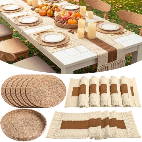 Boho Placemats 4/6/8 Set of Round Woven Placemat Macrame Style Bicolor Stitching Long Table Runner Farmhouse Rustic Natural Burlap Cotton for Kitchen Dining Table(6 Sets,Caramel Color,12x72) - color: Caramel Color, size: 12x72"