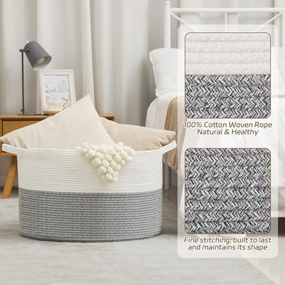 XXXLarge Woven Cotton Rope Basket (21.7" x 13.8") 90L – Blanket Basket for Living Room, Laundry Hamper, Baby Laundry Hamper, Toy Storage, Pillows & Cushions Organizer (White&Grey) - color: White&Grey