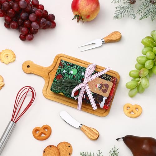 12 Set Christmas Charcuterie Board Gifts Bulk, Bamboo Mini Cheese Cutting Board Gifts with Spreader Knives Fork Towel Whisk for Xmas Gift Wedding Bridal Baby Shower (Long Handle,Light) - color: Light