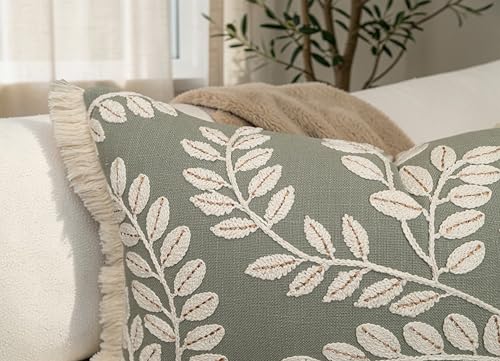 Rudransha Botanical Vine Embroidered 12x20 Lumbar Throw Pillow Cover - Sage Green Cream Cotton with Fringe Trim - Cushion Case for Couch Sofa Bed - Philodean Leaves - color: Sage-philodean, size: 20" x 12" (Pack of 1)