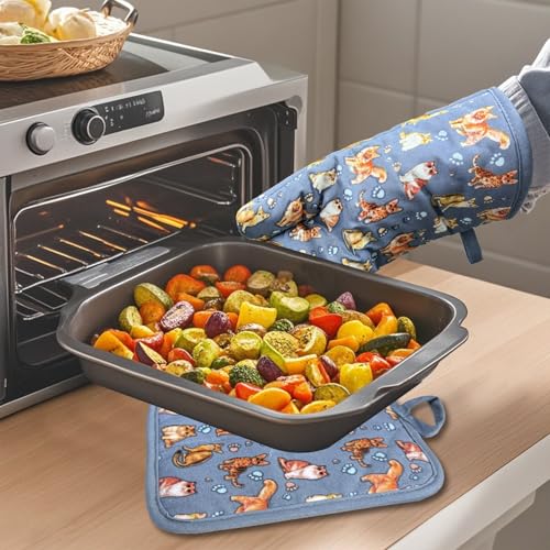 Oven Mitts 1 Pair, Non Slip Clear Silicone Printed Rooster Kitchen Gloves | Heat Resistant 480 ℉ Comfortable Cotton Lining Kitchen Men Cooking Barbecue Machine Washable (Cat, Grey mitts) - color: Cat, Blue Mitts