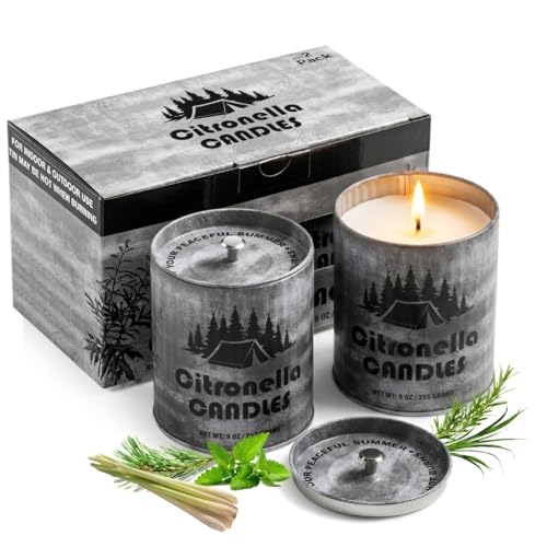 Citronella Candles 2-Pack, 9oz Natural Soy Wax Scented Candles in Durable Rustic Metal Tins, Long-Lasting 40+ Hours Burn, Shatterproof Design for Outdoor Patio, Camping, and Garden Décor - color: Black