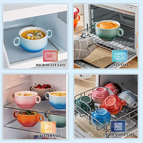 LOVECASA Multi-Color 12 OZ Soup Bowls with Handles, Ceramic Small French Onion Soup Bowls, Mini Soup Mugs Serving Bowls for Kitchen, Microwave & Dishwasher Safe,Set of 6