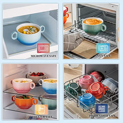 LOVECASA Multi-Color 12 OZ Soup Bowls with Handles, Ceramic Small French Onion Soup Bowls, Mini Soup Mugs Serving Bowls for Kitchen, Microwave & Dishwasher Safe,Set of 6