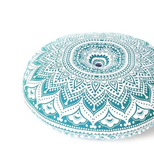 Mandala Floor Pillow Cover Meditation Cushion Seating Throw Hippie Round Colorful Decorative Bohemian Indian Pouf Ottoman Handmade Cover ONLY (Ombre Green Round, 32" x 32") - color: Ombre Green Round, size: 32" x 32" (Pack of 1)