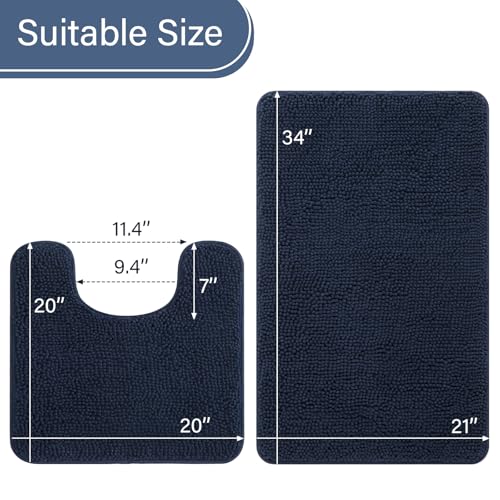 LOCHAS Bathroom Rugs Sets 2 Piece, 20''x20'' & 34''x21'', Navy | Non Slip U-Shaped Toilet Rug, Chenille Washable Absorbent, Soft Bath Mat Set for Shower, Sink - color: Navy
