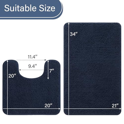 LOCHAS Bathroom Rugs Sets 2 Piece, 20''x20'' & 34''x21'', Navy | Non Slip U-Shaped Toilet Rug, Chenille Washable Absorbent, Soft Bath Mat Set for Shower, Sink - color: Navy