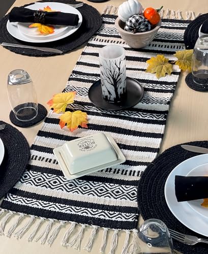 Black, Cream, White Boho Table Runner | Cotton Farmhouse Table Linen 13x36 Inches| Machine Washable, Durable and Easy to Combine - color: Ivory-black, size: 13x36 Inch.